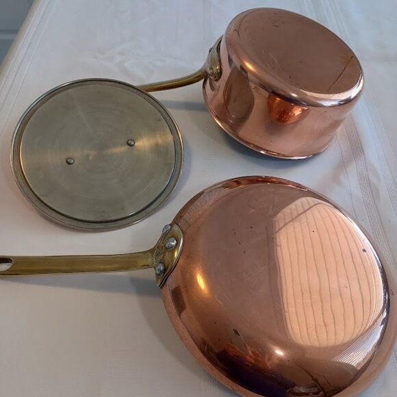 Three Piece Copper Clad, Brass and Stainless Frying Pan and Saucepan with Lid - Picture 2 of 10